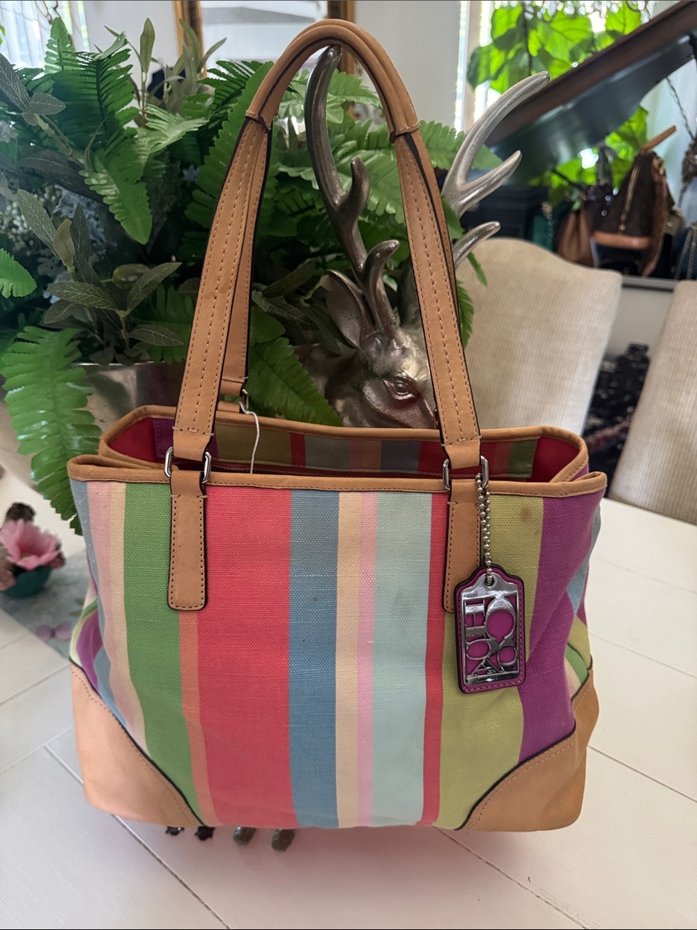 Coach Pastel Striped Canvas Tote with Tan Leather Trim